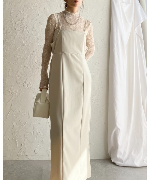 She's Closet（シーズクローゼット）の「ハイウエスト ロング丈 バックリボン タイト キャミワンピース（ワンピース・レディース・アイボリー/ブラック/グレー・FREE）」の4枚目の写真
