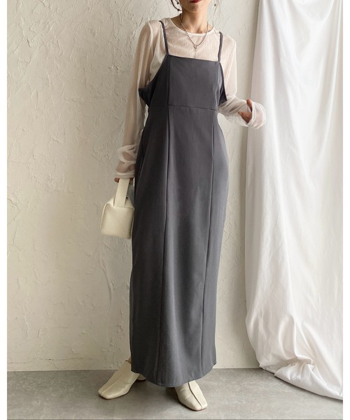 She's Closet（シーズクローゼット）の「ハイウエスト ロング丈 バックリボン タイト キャミワンピース（ワンピース・レディース・アイボリー/ブラック/グレー・FREE）」の10枚目の写真