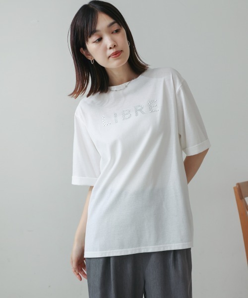 Bou Jeloud(ブージュルード)の「箔ストーンロゴTシャツ(Tシャツ/カットソー・レディース・チャコールグレー/オフホワイト/グレイッシュベージュ・FREE)」の5枚目の写真