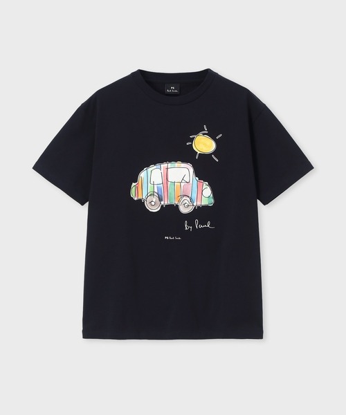 PS Paul Smith(ピーエスポールスミス)の「ウィメンズ Drawn by Paul "Striped Car" Tシャツ / 165463 232V(Tシャツ/カットソー・レディース・ホワイト/ネイビー・MEDIUM/2L)」の1枚目の写真