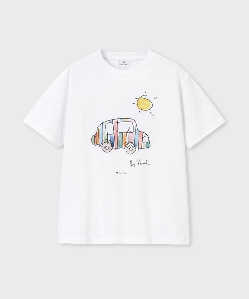 PS Paul Smith(ピーエスポールスミス)の「ウィメンズ Drawn by Paul "Striped Car" Tシャツ / 165463 232V(Tシャツ/カットソー・レディース・ホワイト/ネイビー・MEDIUM/2L)」の2枚目の写真