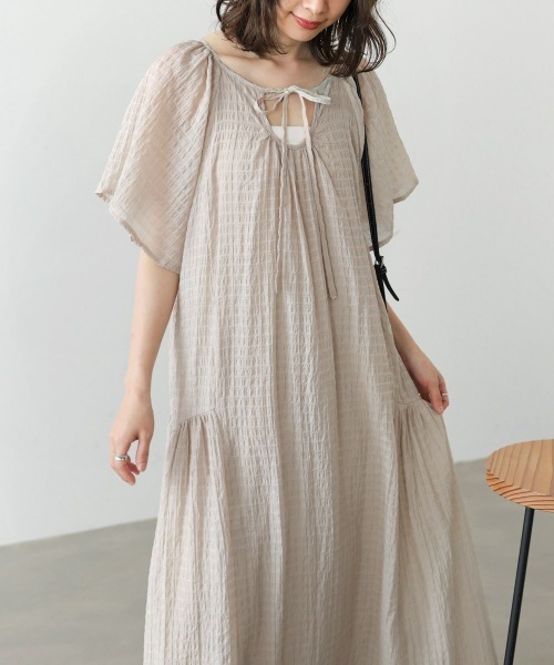Bab(バブ)の「【選べるサイズ展開】前後2WAYシアーサッカーラメティアードワンピース(ワンピース・レディース・ネイビー/グレー/ベージュ・S/M)」の3枚目の写真