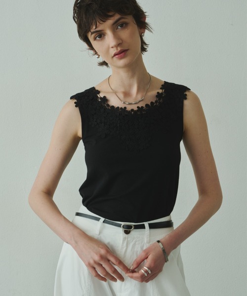 Plumel(プルメル)の「Round Lace Neck Tank Top / ラウンドレースネックタンクトップ(Tシャツ/カットソー・レディース・ブラック/グレー/オフホワイト・MEDIUM)」の20枚目の写真