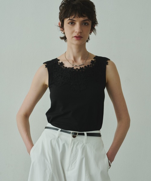 Plumel(プルメル)の「Round Lace Neck Tank Top / ラウンドレースネックタンクトップ(Tシャツ/カットソー・レディース・ブラック/グレー/オフホワイト・MEDIUM)」の21枚目の写真