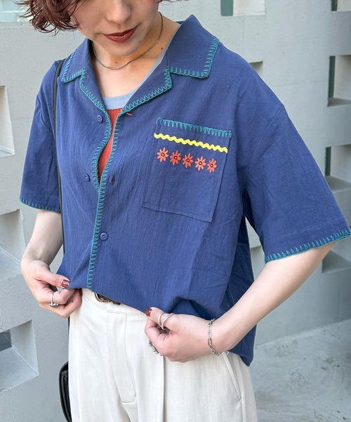 新品！Double Name ブルーシャツ CRAFT刺しゅう開襟シャツ（シャツ/ブラウス）｜DOUBLE NAME（ダブル