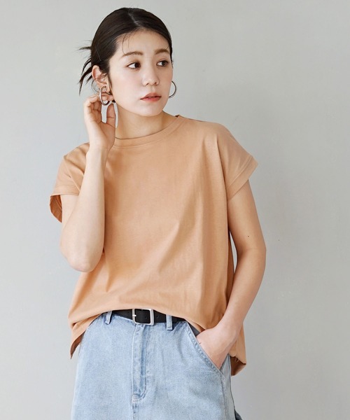 zootie（ズーティー）の「汗しみない Tシャツ［フレンチスリーブ］（Tシャツ/カットソー・レディース・ブラック/ライトカーキ/アイボリー/イエロー系その他/杢グレー/ダークカーキ/グレイッシュブルー/ライトオレンジ系/ネイビー・M-L）」の16枚目の写真