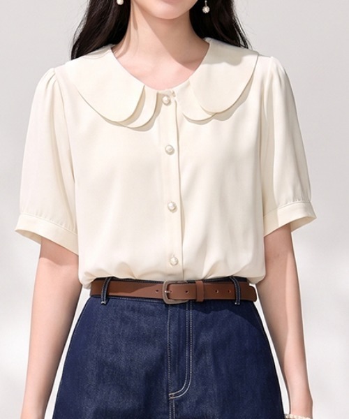 AMAJI(アマジ)の「セーラーカラー 半袖ブラウス(シャツ/ブラウス・レディース・ホワイト・SMALL/MEDIUM/LARGE/X-LARGE)」の2枚目の写真