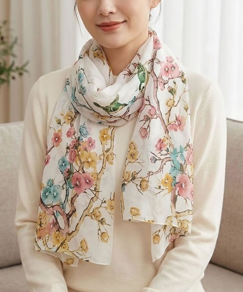Pittok(ピットク)の「水彩風花柄シフォンロングスカーフ(バンダナ/スカーフ・レディース・ホワイト/ピンク/グリーン/ライトグリーン・ONE SIZE)」の6枚目の写真
