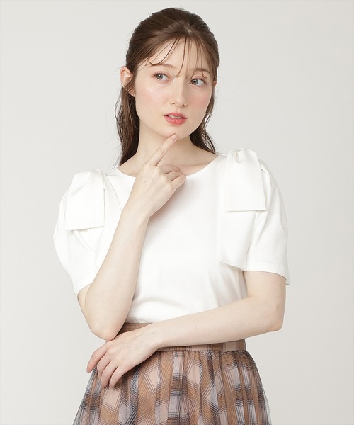 SWINGLE（スウィングル）の「ショルダーリボンTシャツ（Tシャツ/カットソー・レディース・ピンク/オフホワイト/ブラック・FREE）」の4枚目の写真