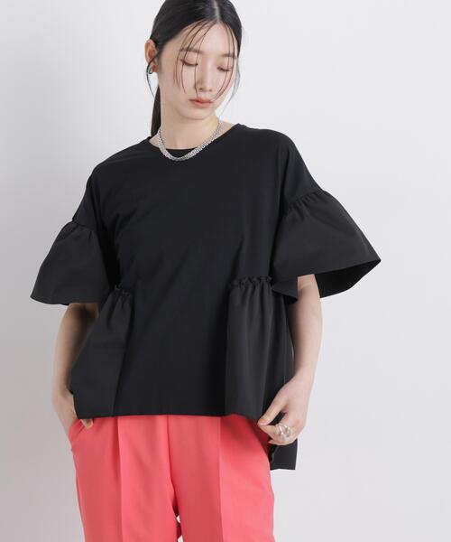 NANO universe(ナノユニバース)の「異素材ドッキングギャザーカットソー(Tシャツ/カットソー・レディース・ホワイト/ブラック/ブルーグレー・FREE)」の2枚目の写真