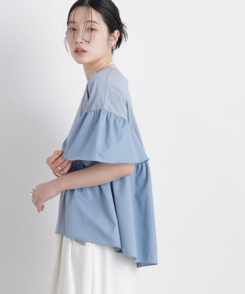 NANO universe(ナノユニバース)の「異素材ドッキングギャザーカットソー(Tシャツ/カットソー・レディース・ホワイト/ブラック/ブルーグレー・FREE)」の5枚目の写真