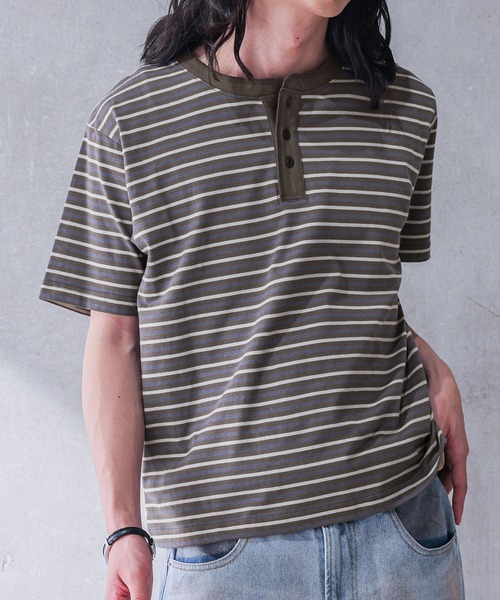 MDR（エムディアール）の「マルチボーダー ヘンリーネック半袖Tシャツ（Tシャツ/カットソー・メンズ・ブラウン/杢グレー・M/L）」の4枚目の写真