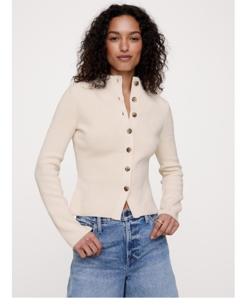Banana Republic（バナナリパブリック）の「Larkspur コットンシルク モックネック カーディガン（ニット/セーター・レディース・アイボリー/ブラック・L/M/S/XS）」の2枚目の写真