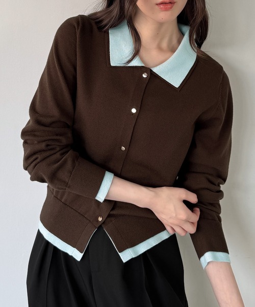 junoah（ジュノア）の「レイヤード風ポロ衿ニットカーディガン（カーディガン/ボレロ・レディース・ブラウン/ネイビー/ブラック・MEDIUM/LARGE）」の2枚目の写真