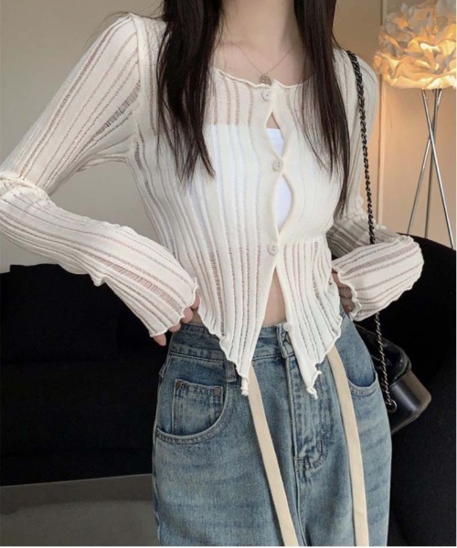 gossip!ロサンゼルス(ゴシップロサンゼルス)の「リブ編みクロップドカーディガン 前開きボタン ロングスリーブ 透かし編み レディース カットトップス(その他アウター・レディース・ホワイト・FREE)」の2枚目の写真
