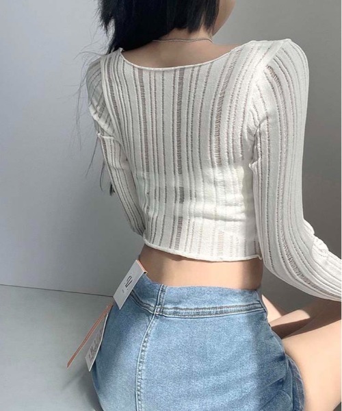 gossip!ロサンゼルス(ゴシップロサンゼルス)の「リブ編みクロップドカーディガン 前開きボタン ロングスリーブ 透かし編み レディース カットトップス(その他アウター・レディース・ホワイト・FREE)」の8枚目の写真