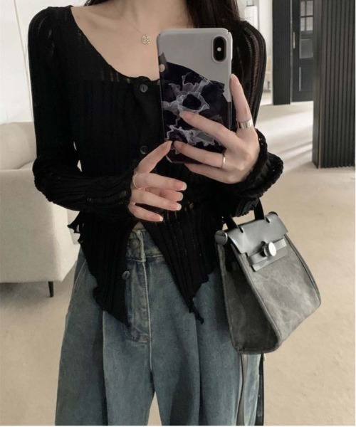 gossip!ロサンゼルス(ゴシップロサンゼルス)の「リブ編みクロップドカーディガン 前開きボタン ロングスリーブ 透かし編み レディース カットトップス(その他アウター・レディース・ホワイト・FREE)」の14枚目の写真