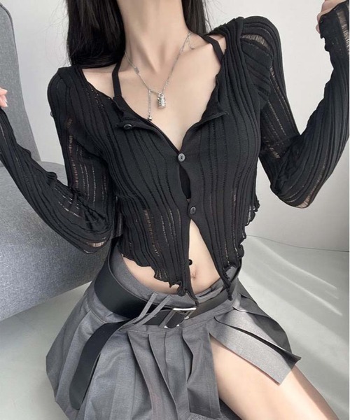 gossip!ロサンゼルス(ゴシップロサンゼルス)の「リブ編みクロップドカーディガン 前開きボタン ロングスリーブ 透かし編み レディース カットトップス(その他アウター・レディース・ホワイト・FREE)」の16枚目の写真