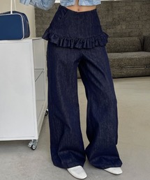 裾フリルスカート付きデニムワイドパンツ