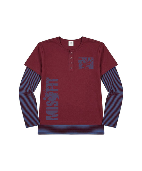 VENHIT（ベンヒット）の「MISSFIT ストライプ レイヤード ルーズフィット スリーブ（Tシャツ/カットソー・レディース・バーガンディー/ブラック/スカイブルー・FREE）」の3枚目の写真