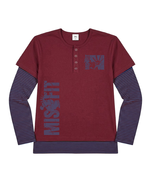 VENHIT（ベンヒット）の「MISSFIT ストライプ レイヤード ルーズフィット スリーブ（Tシャツ/カットソー・レディース・バーガンディー/ブラック/スカイブルー・FREE）」の4枚目の写真