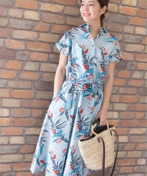セール】フレンチスリーブアロハシャツワンピース（シャツワンピース