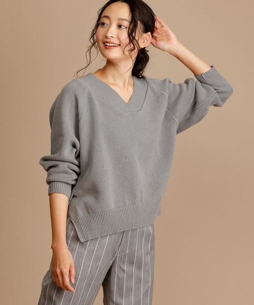 Munich（ミューニック）の「ピーチコットンタック編みニットVネックプルオーバー（ニット/セーター・レディース・ブラウン/グレー/ピンク/ライトベージュ・FREE）」の9枚目の写真