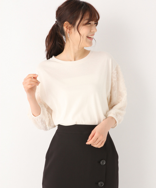 GLOBAL WORK（グローバルワーク）の「ソデジャガード5分袖/826216（Tシャツ/カットソー・レディース・ホワイト/ライトブルー/ブラック・MEDIUM/LARGE）」の2枚目の写真