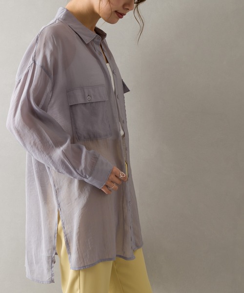 SpRay（スプレイ）の「シアーＢＩＧシャツ（シャツ/ブラウス・レディース・アイボリー/ブラック/イエロー×グリーン/ベージュ/ライトカーキ/ラベンダー/ピンク・FREE）」の5枚目の写真