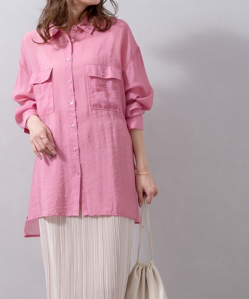 SpRay（スプレイ）の「シアーＢＩＧシャツ（シャツ/ブラウス・レディース・アイボリー/ブラック/イエロー×グリーン/ベージュ/ライトカーキ/ラベンダー/ピンク・FREE）」の7枚目の写真