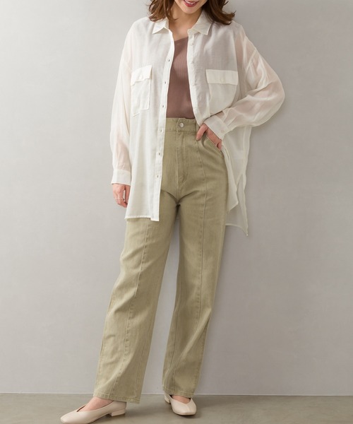 SpRay（スプレイ）の「シアーＢＩＧシャツ（シャツ/ブラウス・レディース・アイボリー/ブラック/イエロー×グリーン/ベージュ/ライトカーキ/ラベンダー/ピンク・FREE）」の14枚目の写真