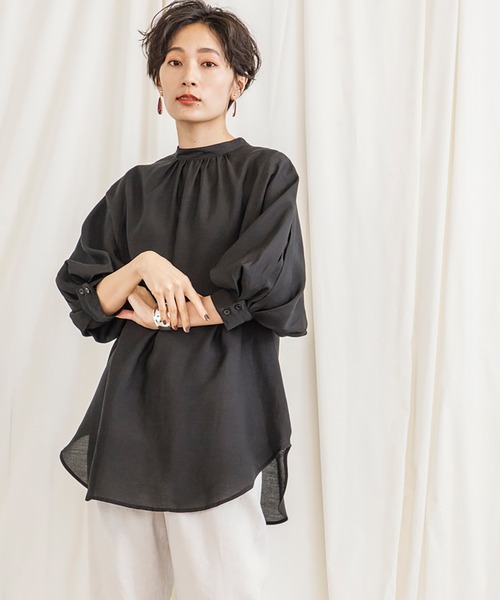 CIENA(シエナ)の「2wayスタンドカラーボリュームハーフスリーブシアーシャツ(シャツ/ブラウス・レディース・オフホワイト/グリーン/ブルー/ブラック・FREE)」の6枚目の写真