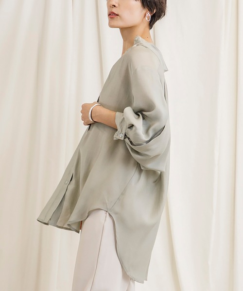 CIENA(シエナ)の「2wayスタンドカラーボリュームハーフスリーブシアーシャツ(シャツ/ブラウス・レディース・オフホワイト/グリーン/ブルー/ブラック・FREE)」の8枚目の写真