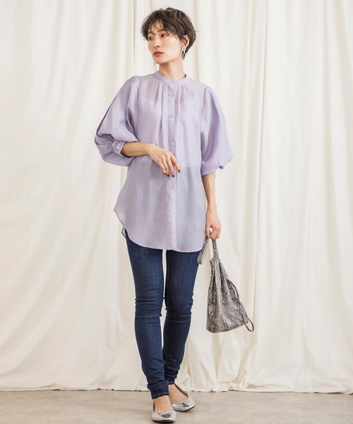 CIENA(シエナ)の「2wayスタンドカラーボリュームハーフスリーブシアーシャツ(シャツ/ブラウス・レディース・オフホワイト/グリーン/ブルー/ブラック・FREE)」の11枚目の写真