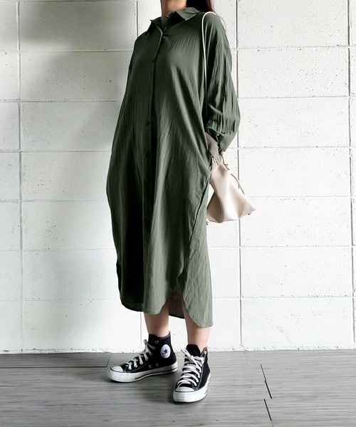 me+em select(ミームセレクト)の「サイドスリットコットンロングシャツ【数量限定販売】(シャツワンピース・レディース・グリーン/ブラック/ホワイト/ブラウン・FREE)」の11枚目の写真
