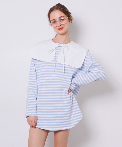 Seemi. byNICECLAUP( シーミーバイナイスクラップ)の「付け衿付ボーダーロンT(Tシャツ/カットソー・レディース・ピンク/ブラック/サックスブルー・FREE)」の1枚目の写真