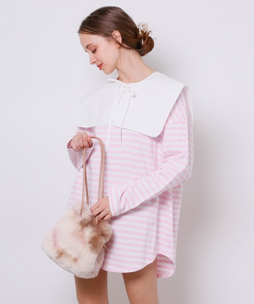 Seemi. byNICECLAUP( シーミーバイナイスクラップ)の「付け衿付ボーダーロンT(Tシャツ/カットソー・レディース・ピンク/ブラック/サックスブルー・FREE)」の3枚目の写真