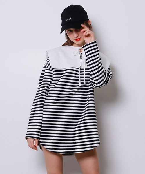 Seemi. byNICECLAUP( シーミーバイナイスクラップ)の「付け衿付ボーダーロンT(Tシャツ/カットソー・レディース・ピンク/ブラック/サックスブルー・FREE)」の2枚目の写真