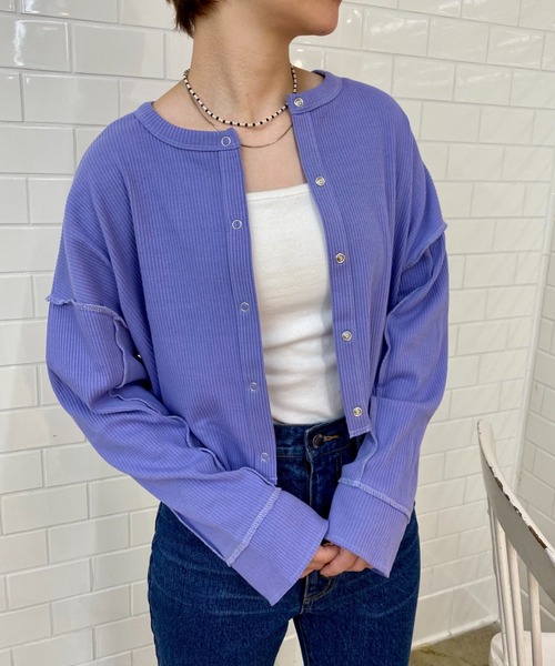 CIAOPANIC(チャオパニック)の「テレコリブカラーカットカーデ(Tシャツ/カットソー・レディース・アイボリー/オレンジ/パープル・FREE)」の1枚目の写真