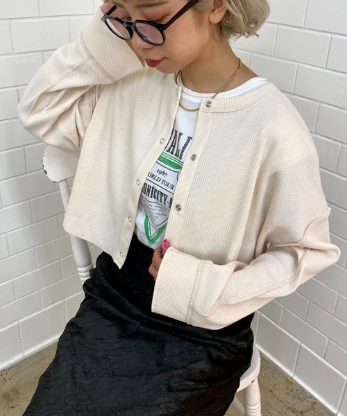 CIAOPANIC(チャオパニック)の「テレコリブカラーカットカーデ(Tシャツ/カットソー・レディース・アイボリー/オレンジ/パープル・FREE)」の2枚目の写真