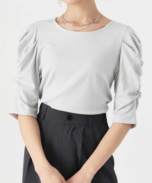 ANAP(アナップ)の「テレコリブパワショルトップスカットソー(Tシャツ/カットソー・レディース・ブラック/グレー/グリーン/アイボリー/ピンクベージュ・FREE)」の1枚目の写真