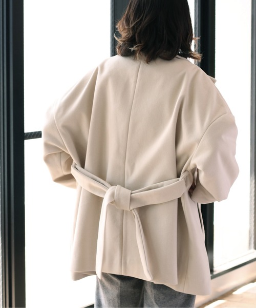 cepo（セポ）の「カットメルトン ハイネックハーフコート（ステンカラーコート・レディース・ブラウン/グレー/オフホワイト・M）」の5枚目の写真