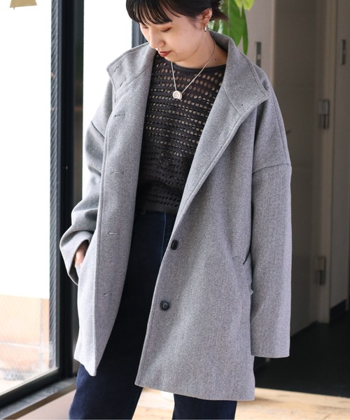 cepo（セポ）の「カットメルトン ハイネックハーフコート（ステンカラーコート・レディース・ブラウン/グレー/オフホワイト・M）」の12枚目の写真