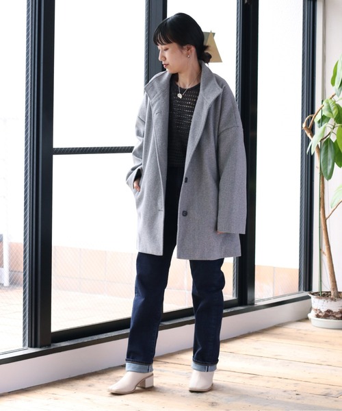 cepo（セポ）の「カットメルトン ハイネックハーフコート（ステンカラーコート・レディース・ブラウン/グレー/オフホワイト・M）」の17枚目の写真