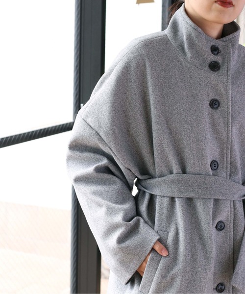 cepo（セポ）の「カットメルトン ハイネックハーフコート（ステンカラーコート・レディース・ブラウン/グレー/オフホワイト・M）」の8枚目の写真