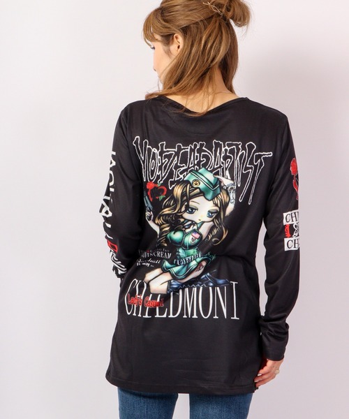 tシャツ BLACK JACKALL CROWN T/C天竺 サブリメーション プリント ロングTシャツ ロンT レディース BLACK JACKALL CROWN tシャツ T/C天竺 サブリメーション