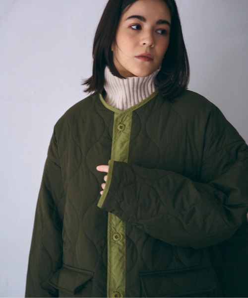 SETUP7（セットアップセブン）の「【SETUP7】キルティングミドルコート（ミリタリージャケット・レディース・ブラック/カーキ/アイボリー・FREE）」の8枚目の写真