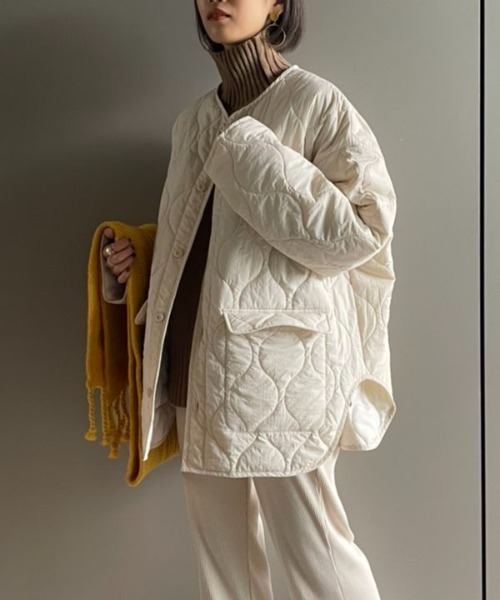 SETUP7（セットアップセブン）の「【SETUP7】キルティングミドルコート（ミリタリージャケット・レディース・ブラック/カーキ/アイボリー・FREE）」の13枚目の写真