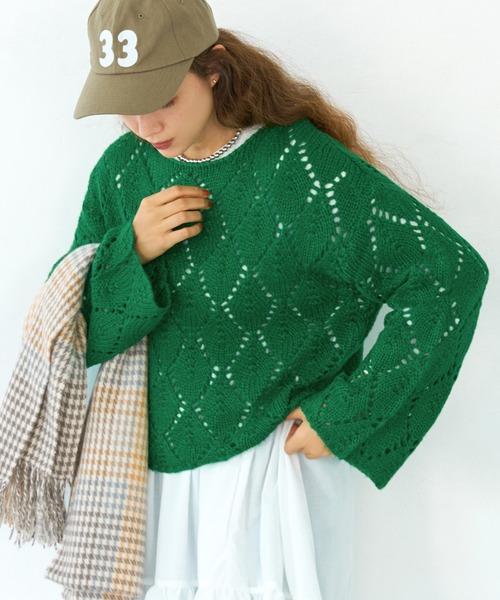 coca(coca)(コカ)の「透かし柄編みニットプルオーバー(ニット/セーター・レディース・アイボリー/グリーン・ONE SIZE)」の2枚目の写真
