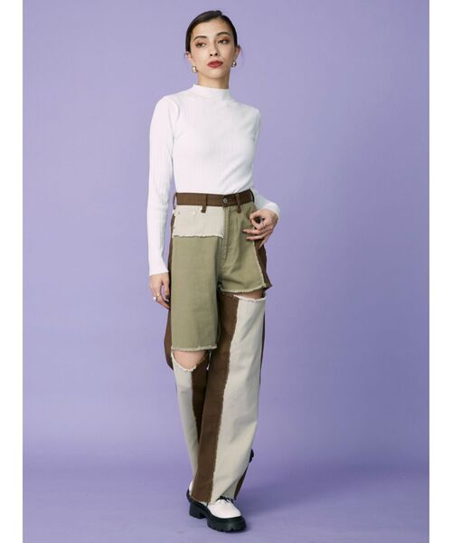 EVRIS（エヴリス）の「パッチワークスラッシュワイドパンツ（デニムパンツ・レディース・ブラック/ブラウン・SMALL/MEDIUM）」の4枚目の写真